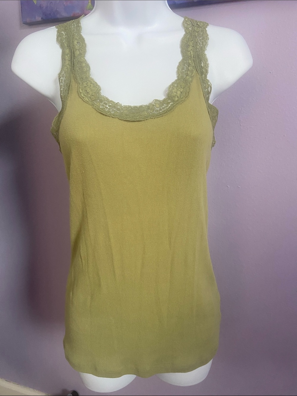 Faded Glory Olive Lace-Trim Ribbed Tank